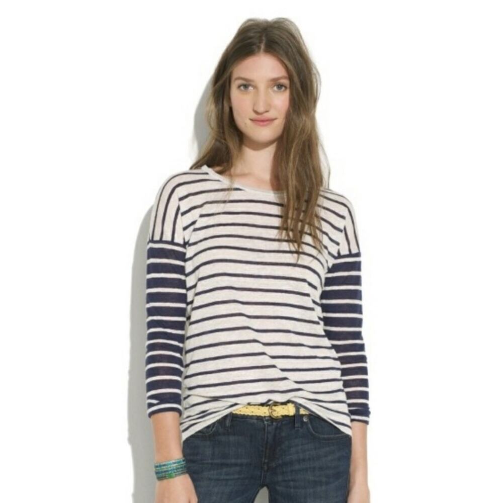 Madewell Linen Navy/Cream Striped Long Sleeve Top